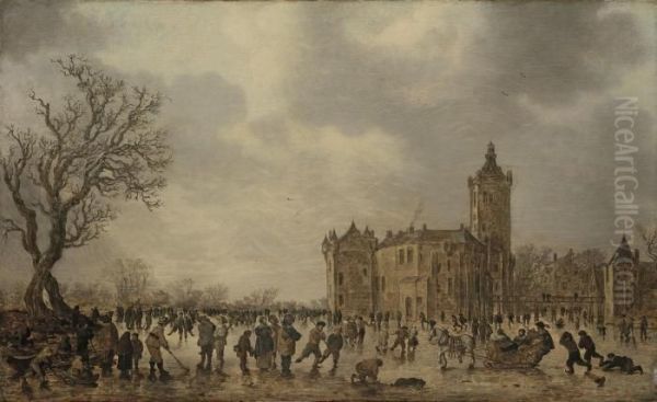 A Winter Landscape With Figures Desporting On The Ice By Schlossmontfoort Oil Painting by Jan van Goyen