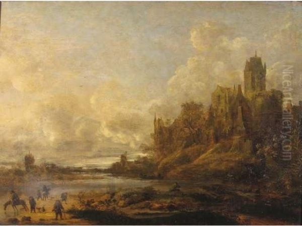 Paysage Fluvial En Hollande Avec
 Ville Sur Les Hauteurs De La Rive, Anime De Personnages Et Cavaliers En
 Premier Plan Oil Painting by Jan van Goyen