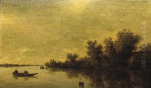 A Wooded River Landscape With Two Figures In A Rowing Boat Oil Painting by Jan van Goyen