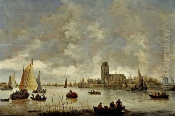 Paisagem De Rio Com Igreja, Moinho E Barcos Oil Painting by Jan van Goyen