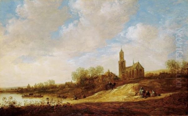 Flusslandschaft Mit Kirche Und Hausern. Oil Painting by Jan van Goyen