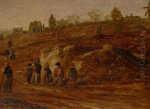 Kustenlandschaft Mit Ortschaft, 
Grossem Kirchturm, Windmuhlen Und Personenstaffage Im Vordergrund Oil Painting by Jan van Goyen