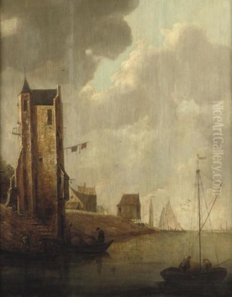 A River Landscape With Fishermen In Their Boats By A Ruined Tower, Shipping Beyond Oil Painting by Jan van Goyen