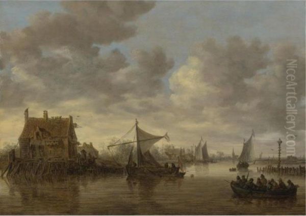 The Oude Wachthuis On The Kil Near Dordrecht With Small Ships And A Ferry Oil Painting by Jan van Goyen