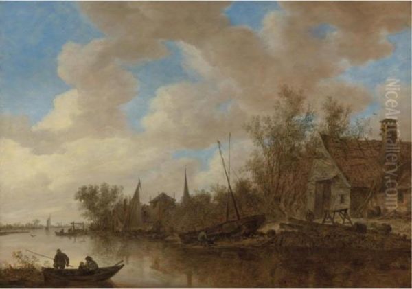 River Landscape With Men Fishing
 From Boats And Men Repairing A Boat Before A Wooden House Oil Painting by Jan van Goyen