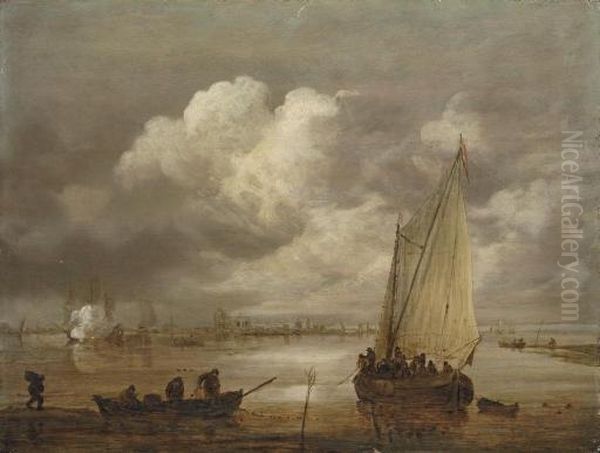 A River Landscape With Fishermen Drawing In Their Nets And A Town Beyond Oil Painting by Jan van Goyen