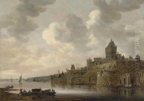 The Valkhof At Nijmegen, With A 
Coach And Four On A Ferry On The River Waal In The Foreground Oil Painting by Jan van Goyen