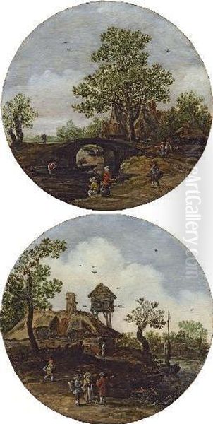 A River Landscape With Peasants 
Conversing In The Foreground, A Farmhouse And Dovecot Beyond; And A 
River Landscape With Peasants Fishing In The Foreground, A Bridge And 
House Beyond Oil Painting by Jan van Goyen