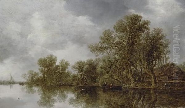 A Wooded River Landscape With Fishermen On A Boat And A Cottage On The River Bank Oil Painting by Jan van Goyen