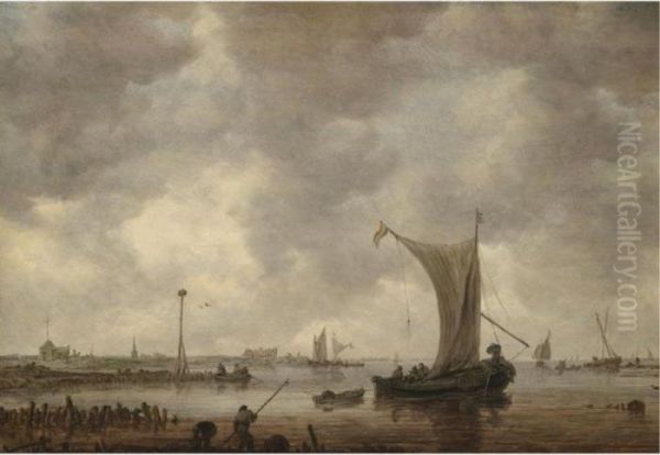 A River Estuary With Shipping And Fishermen On The Shore Oil Painting by Jan van Goyen