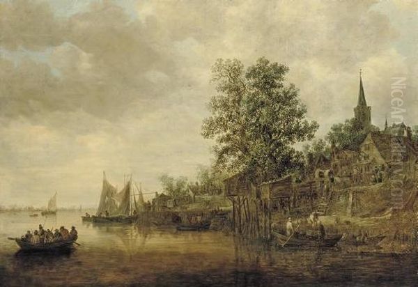 A Wooded Landscape With Shipping On A River, A Village Nearby Oil Painting by Jan van Goyen