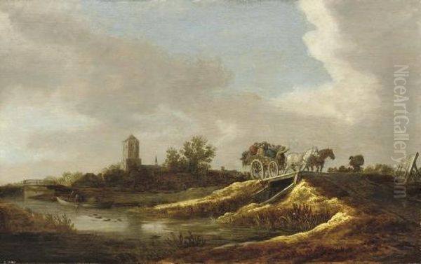 A River Landscape With Figures 
In A Horse-drawn Cart Crossing A Bridge, A Village With A Church Beyond Oil Painting by Jan van Goyen