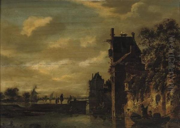 A River Landscape With Figures 
In Rowing Boats Outside The Walls Of A Town, Sailing Boats Beyond Oil Painting by Jan van Goyen