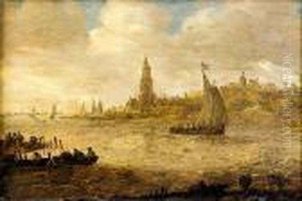 Vue D'une Ville Au Bord D'une Riviere Avec Voiliers Oil Painting by Jan van Goyen