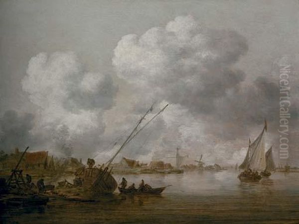 An Estuary With A Small Schip Being Caulked In The Foreground Oil Painting by Jan van Goyen