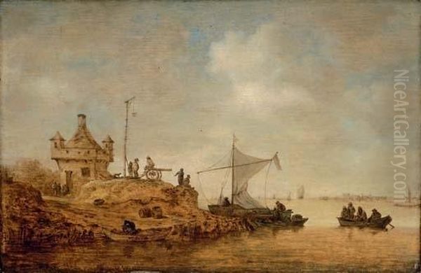 A River Landscape With A Ferry Crossing And Peasants By A Cannon Oil Painting by Jan van Goyen