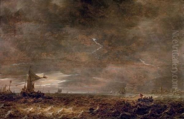 A Stormy Landscape With A Lightning Bolt Over The Haarlemer Meer Oil Painting by Jan van Goyen