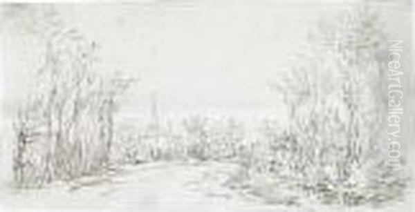 View Of A Road Entering A Village, With A Church Spire In The Background by Jan van Goyen