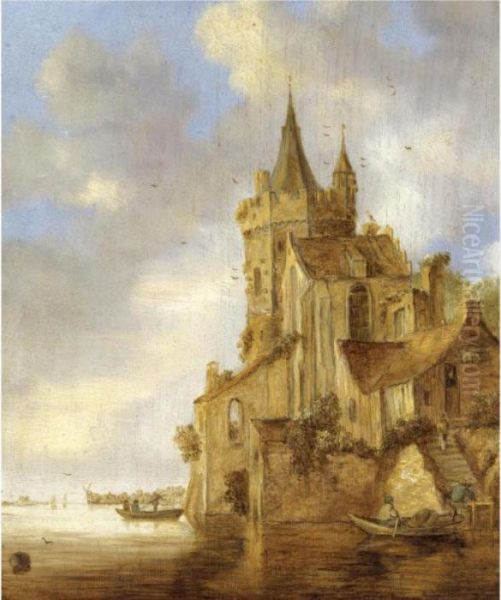 A River Scene With A Rowing Boat Before A Fortified House Oil Painting by Jan van Goyen