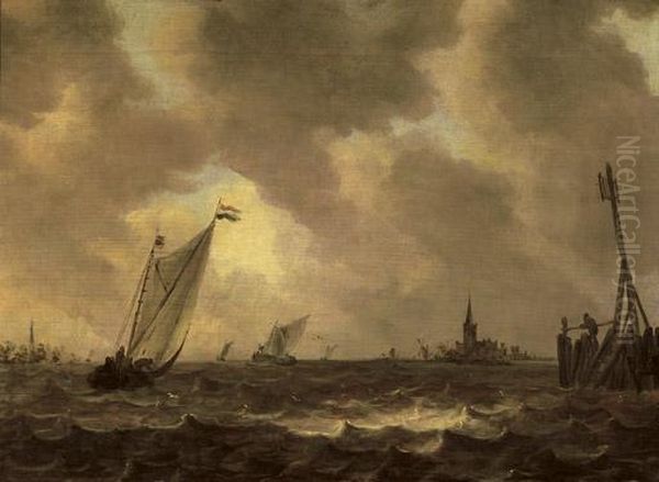 Sailing Vessels In Choppy Waters Oil Painting by Jan van Goyen