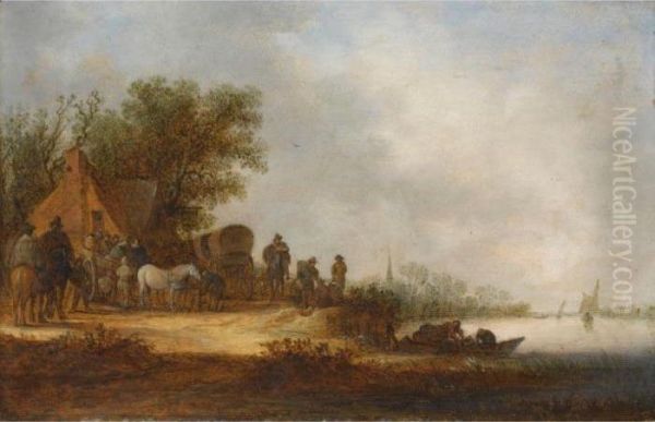 A River Landscape With 
Travellers With Their Horse-drawn Carriages And Wagons Halting At An 
Inn, Figures In A Rowing Boat In The Foreground Oil Painting by Jan van Goyen