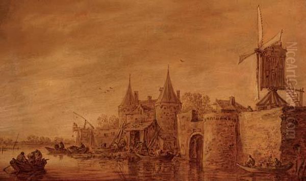 Fortifications And A Windmill Along A River Oil Painting by Jan van Goyen