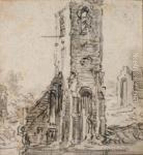 La Tour D'une Eglise En Ruines A Eik-en-duinen Oil Painting by Jan van Goyen