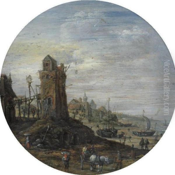 A Bustling Coastal Scene With A Lighthouse Oil Painting by Jan van Goyen