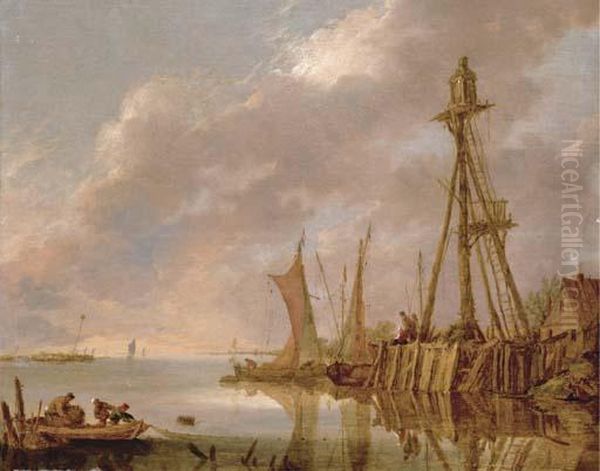 A Coastal Landscape With Fishermen Pulling In Their Catch And Boats By A Beacon Oil Painting by Jan van Goyen