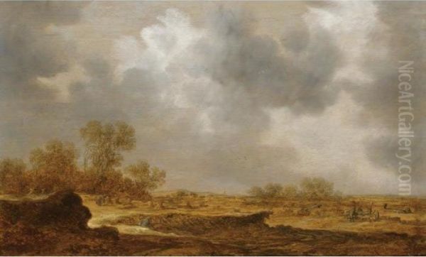 An Extensive Dune Landscape With
 A Peasant Woman Bailing Hay And Two Farmers Conversing To The Right Oil Painting by Jan van Goyen