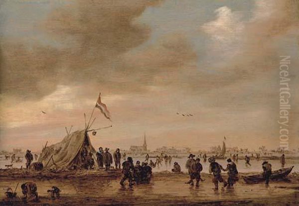 A Frozen River Landscape Oil Painting by Jan van Goyen