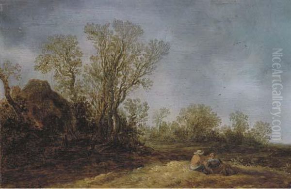 Two Peasants Resting In A Wooded Landscape, A Cottage Nearby Oil Painting by Jan van Goyen