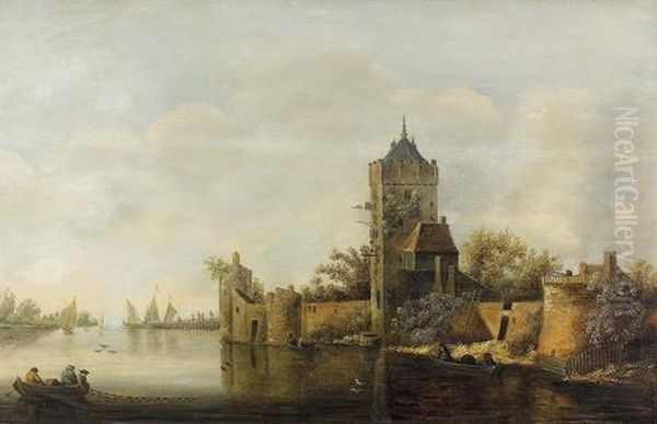 Flusspartie Mit Befestiger Ortschaft. Oil Painting by Jan van Goyen