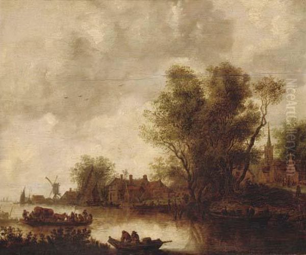 A River Landscape With A Ferry, A Church Beyond Oil Painting by Jan van Goyen