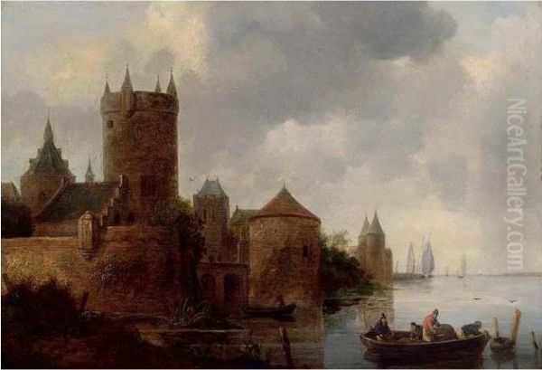 A River Landscape With A Fishing Boat Near A Fortified Town With A Tower Oil Painting by Jan van Goyen