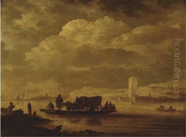 A River Landscape With A Ferry And Smaller Boats, A Town With A Large Tower Beyond Oil Painting by Jan van Goyen