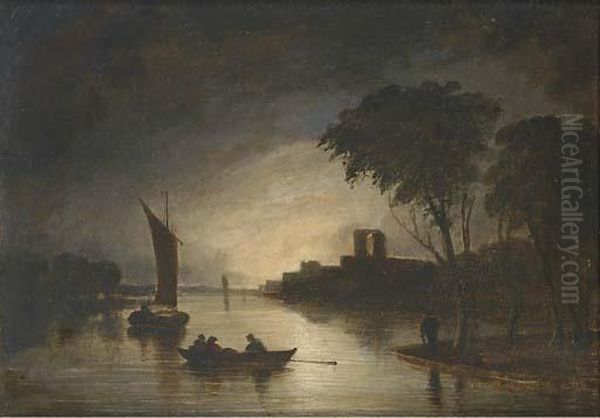 Figures In A Boat On A Moonlit River Oil Painting by Jan van Goyen