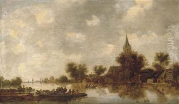 A River Landscape With A Ferry Crossing Oil Painting by Jan van Goyen