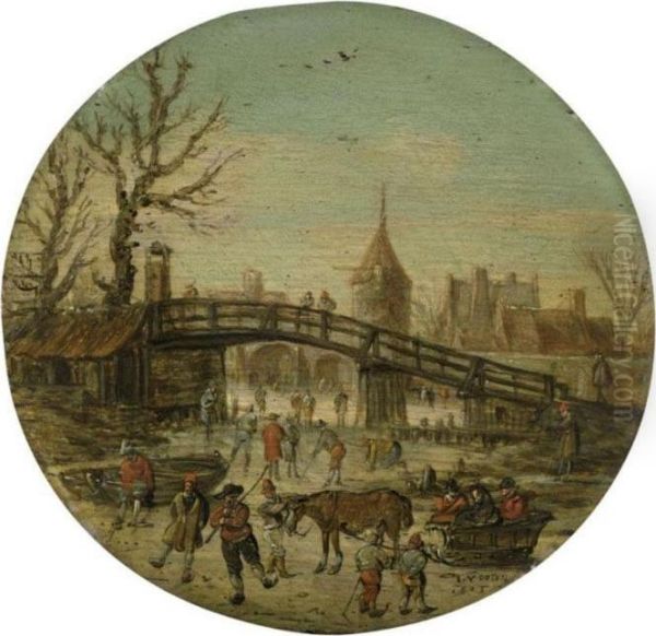 A Winter Landscape With Figures Skating On A Frozen River Before A Bridge, A Town Beyond Oil Painting by Jan van Goyen