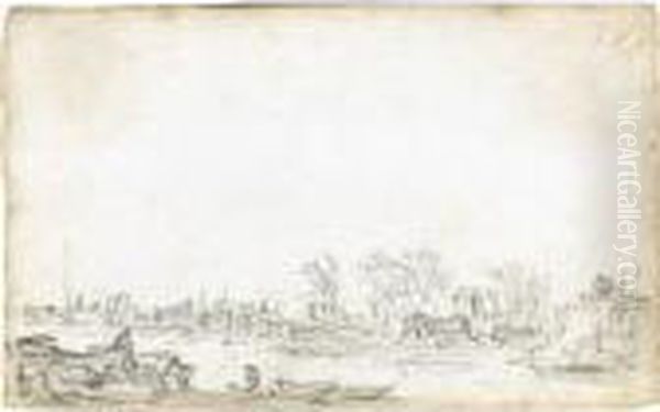 A Sketchbook Page: View Of The Breach In The St. Anthony's Dike, Near Houtewael Oil Painting by Jan van Goyen