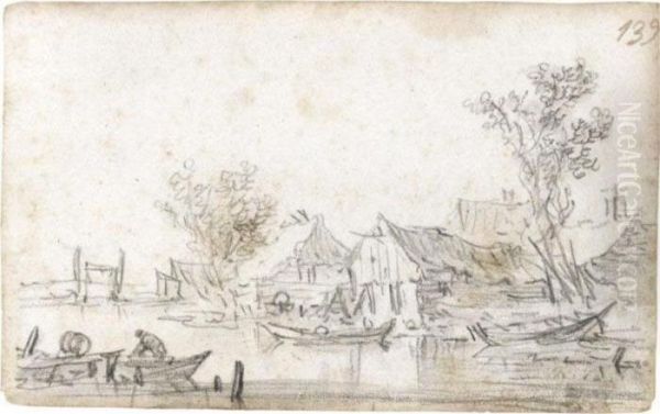 Houses By A Riverbank With Trees, With A Man In A Rowing-boat In The Foreground Oil Painting by Jan van Goyen