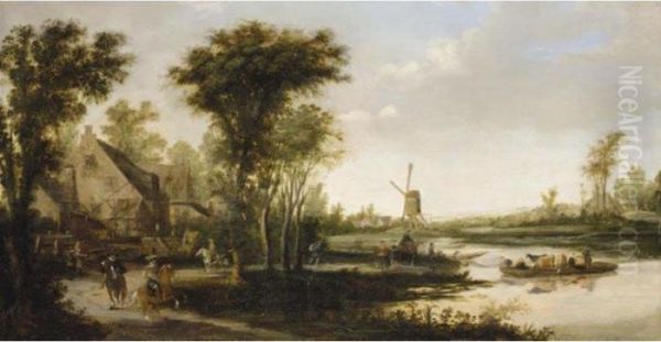 A River Landscape With Cattle 
And Drovers Being Ferried Across A River, A Windmill Beyond Oil Painting by Jan van Goyen