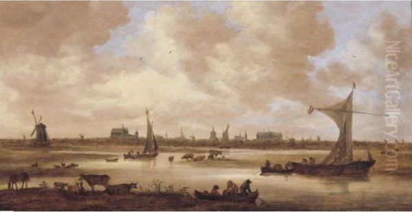 A View Of Leiden From The North, With Cattle Grazing In The Foreground Oil Painting by Jan van Goyen