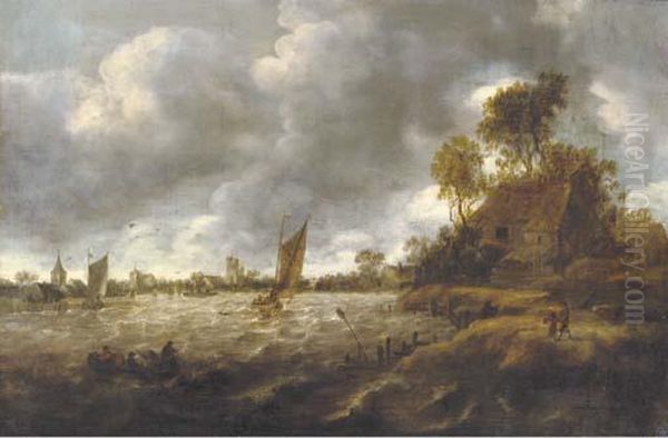 A River Landscape With Sailing Vessels In Rough Waters Oil Painting by Jan van Goyen