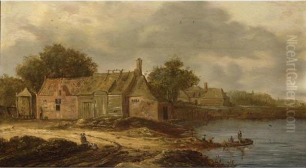 A Farm Along A River And Fishermen In A Boat, A Few Figures On The River Bank Oil Painting by Jan van Goyen