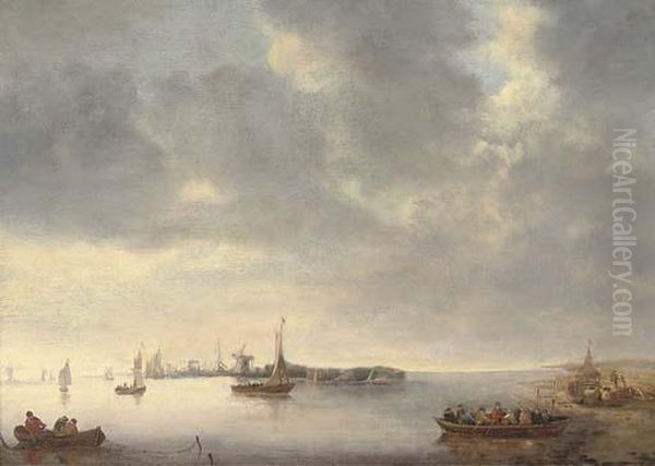 Fishing Boats And Other Shipping Near A Dutch Town Oil Painting by Jan van Goyen