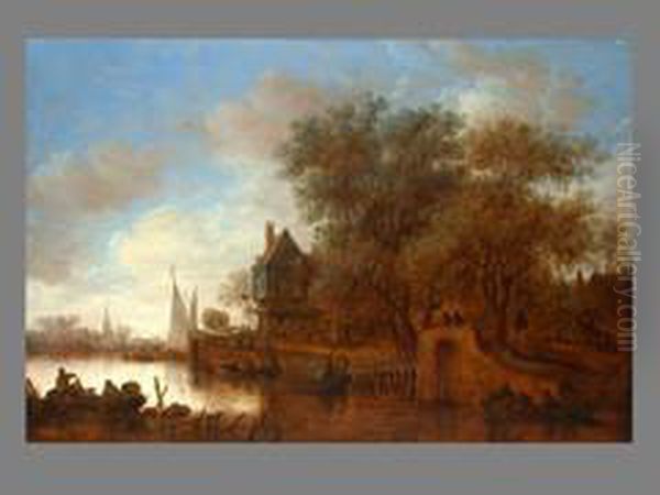 Flusslandschaft Mit Fischern Vor Wirtshaus Mitpersonenstaffage Oil Painting by Jan van Goyen