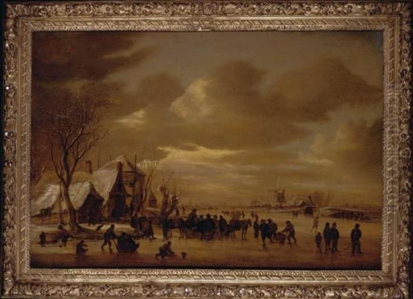 Winter Landscape With Skaters On
 A Frozen Lake Beside A Tavern A Windmill Beyond Oil Painting by Jan van Goyen