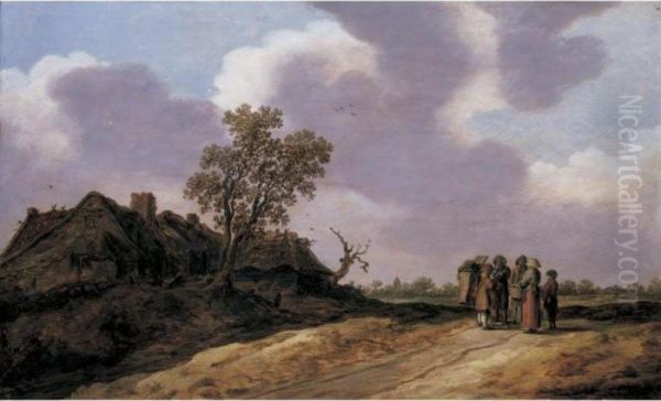 A Dune Landscape With Figures Conversing Before A Row Of Cottages Oil Painting by Jan van Goyen