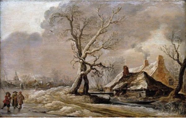 A Winter Landscape With Skaters On A Frozen Lake Oil Painting by Jan van Goyen